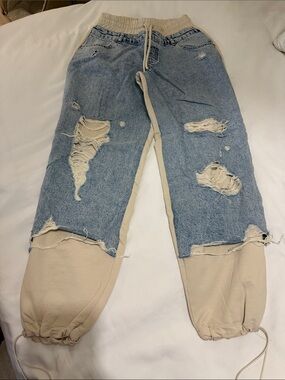 Two-Tone Distressed Denim Joggers with Beige Knit Cuffs